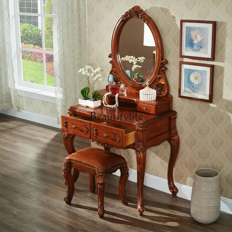 

yj19 American-style Solid Wood Dressing Table European-style Vintage Carved Dressing Table with Mirror