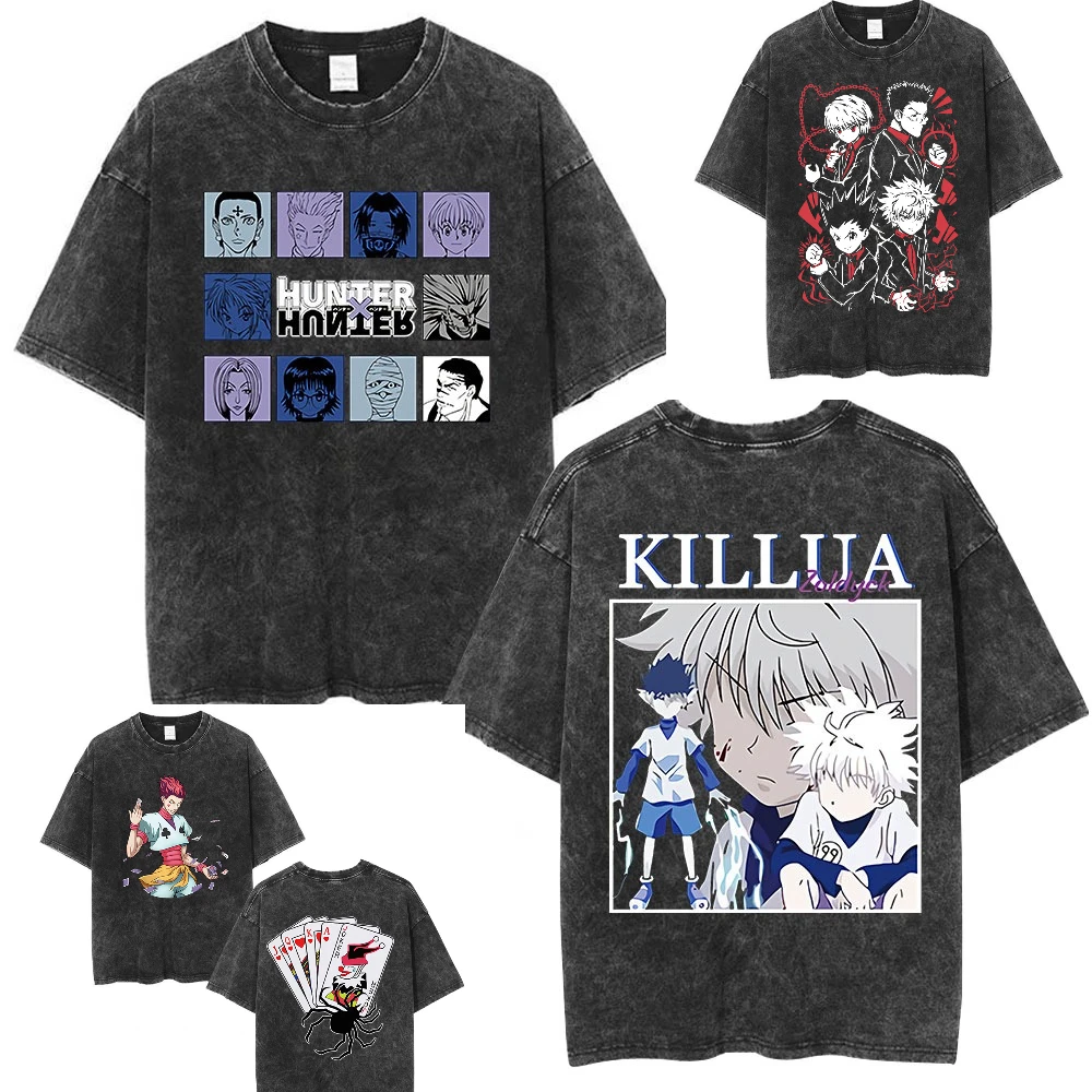 

Винтажная мытая аниме Hunter X Hunter футболка Spider Phantom Troupe Hisoka Chrollo футболка с коротким рукавом для мужчин и женщин летние футболки
