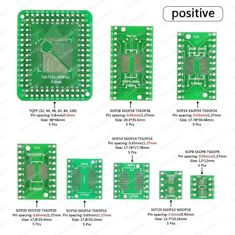 40 stuks pcb board kit smd draai naar dip adapter converter plaat sop8 sop10 sop14 sop16 sop24 sop28 tqfp32, 44,48,64,84,100