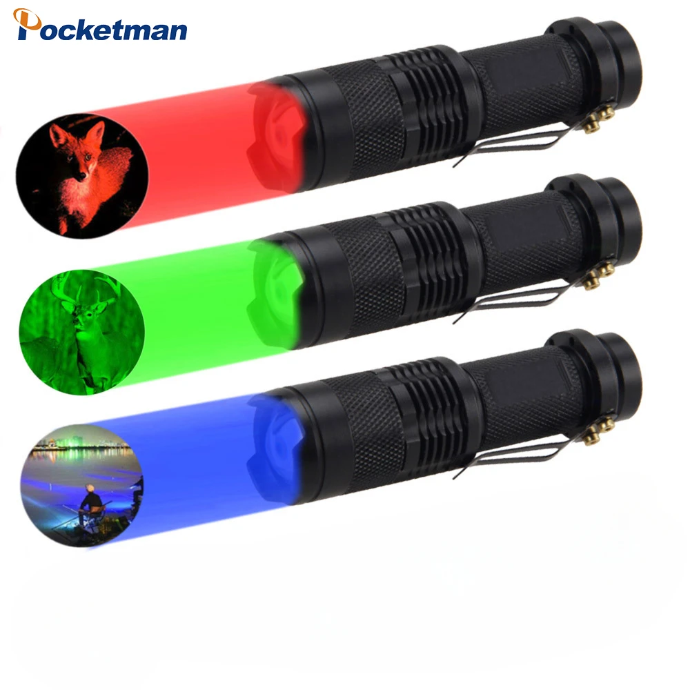 

Glare Green/Blue/Red Light LED Flashlights Zoomable Torch Outdoor Water Proof Pen Clip Flashlight Pocket Camping Fishing Lantern