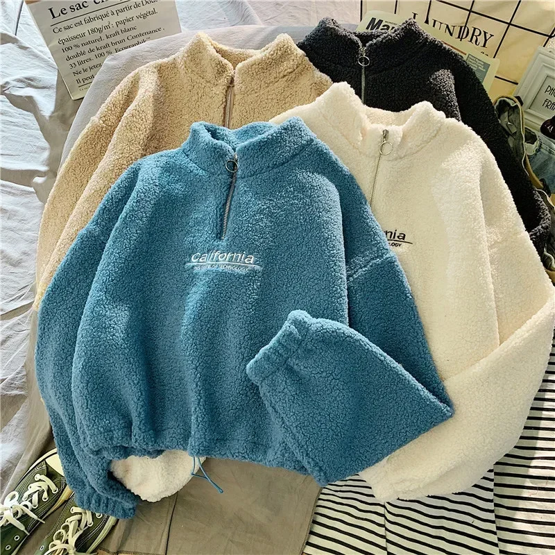 Damen-Fleece-Sweatshirt mit halbem Reißverschluss, Buchstabenmuster, Stehkragen, lange Ärmel, Kapuzenpullover, kurzes Oberteil, lässiger, lockerer Schnitt, warm, für Herbst und Winter, Pullover. – Detail 14