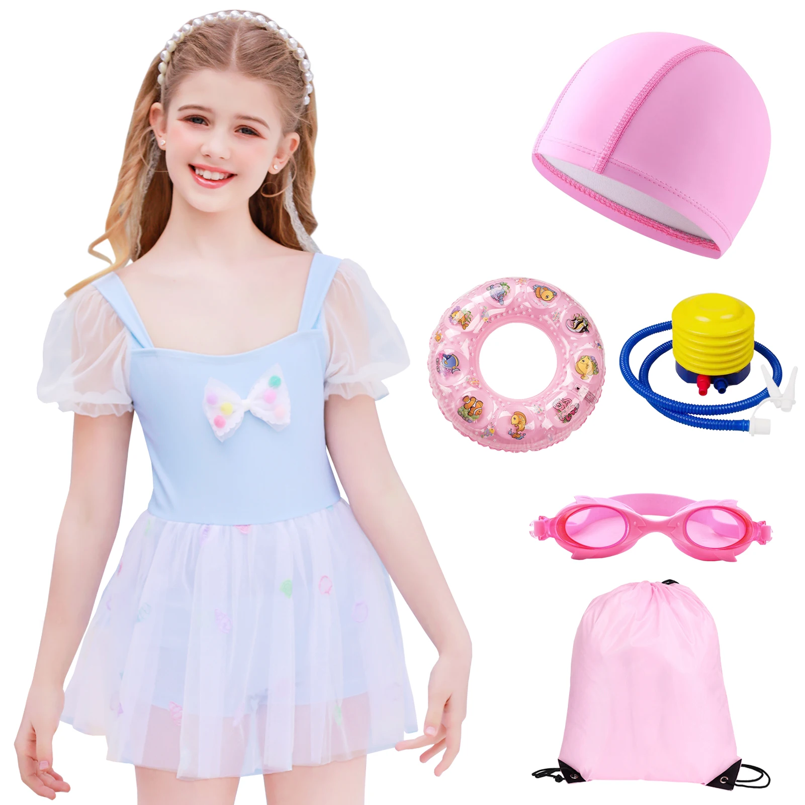 

6pcs/Set Girls Swimsuits Short Sleeve Swimming Dress+Hat+Goggles+Buoyancy Circle+Air Pump Children's Mesh Swim Wear for Summer