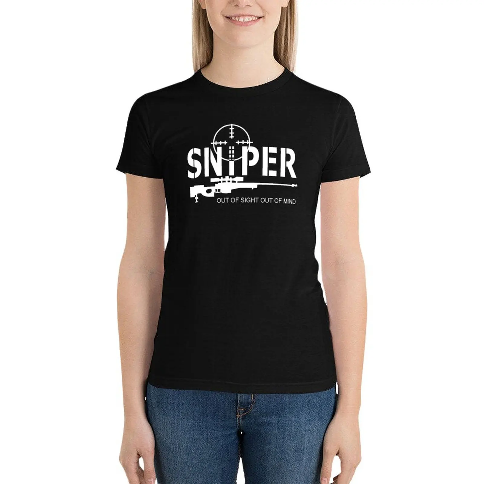 

sniper out of sight out of mind T-Shirt funny Female clothing graphics Woman clothing