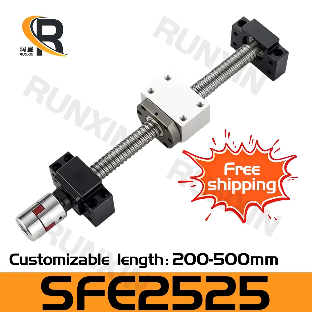 RXTNC C7 Ball Screw Set SFE2525 L200-500mm with Single Nut+BK20 BF20 support seat+DSG2525H+Coupling for CNC engraving machine