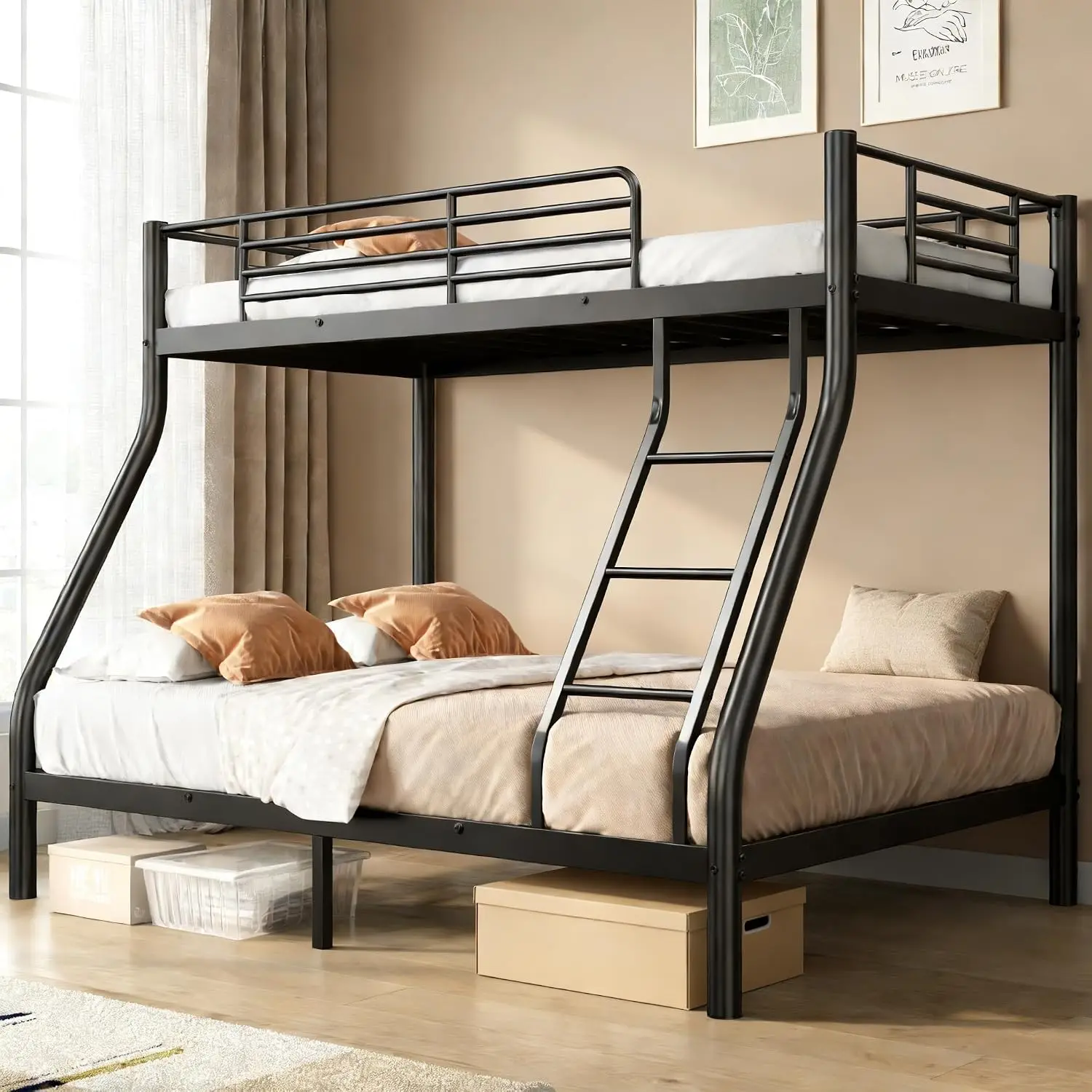 Twin Over Full Metal Bunk Bed With Ladder & Guardrail, Black, Customized