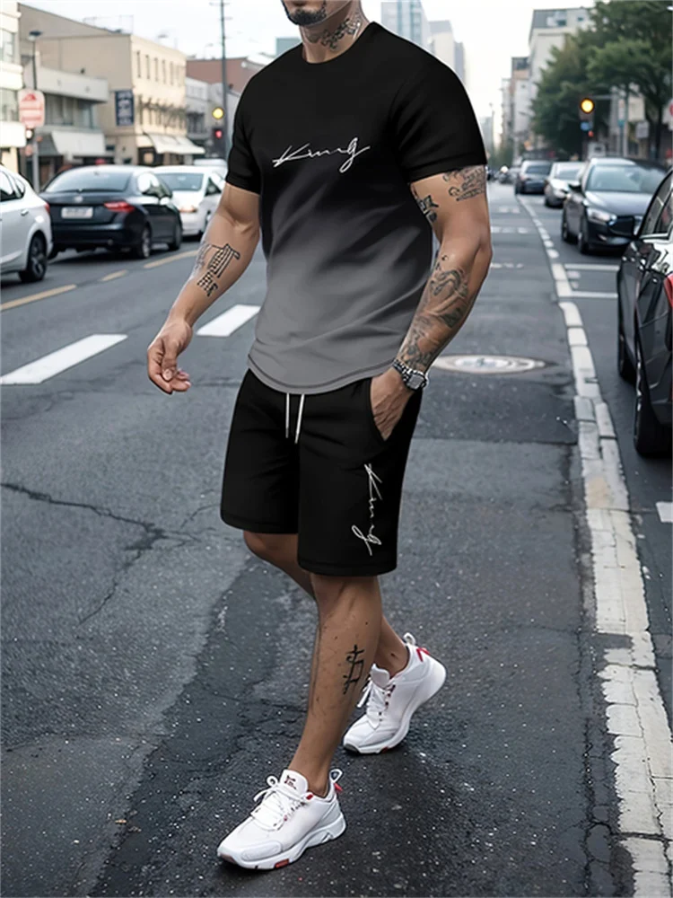 2024 New Summer Men\'s Casual Suit Street Fashion Loose and Comfortable T-Shirt Outdoor Sports Running Shorts Novel Text Printing