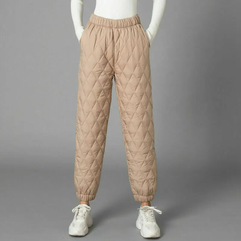 Women Winter Warm Down Cotton Pants Padded Quilted Trousers Elastic Waist Casual Trousers