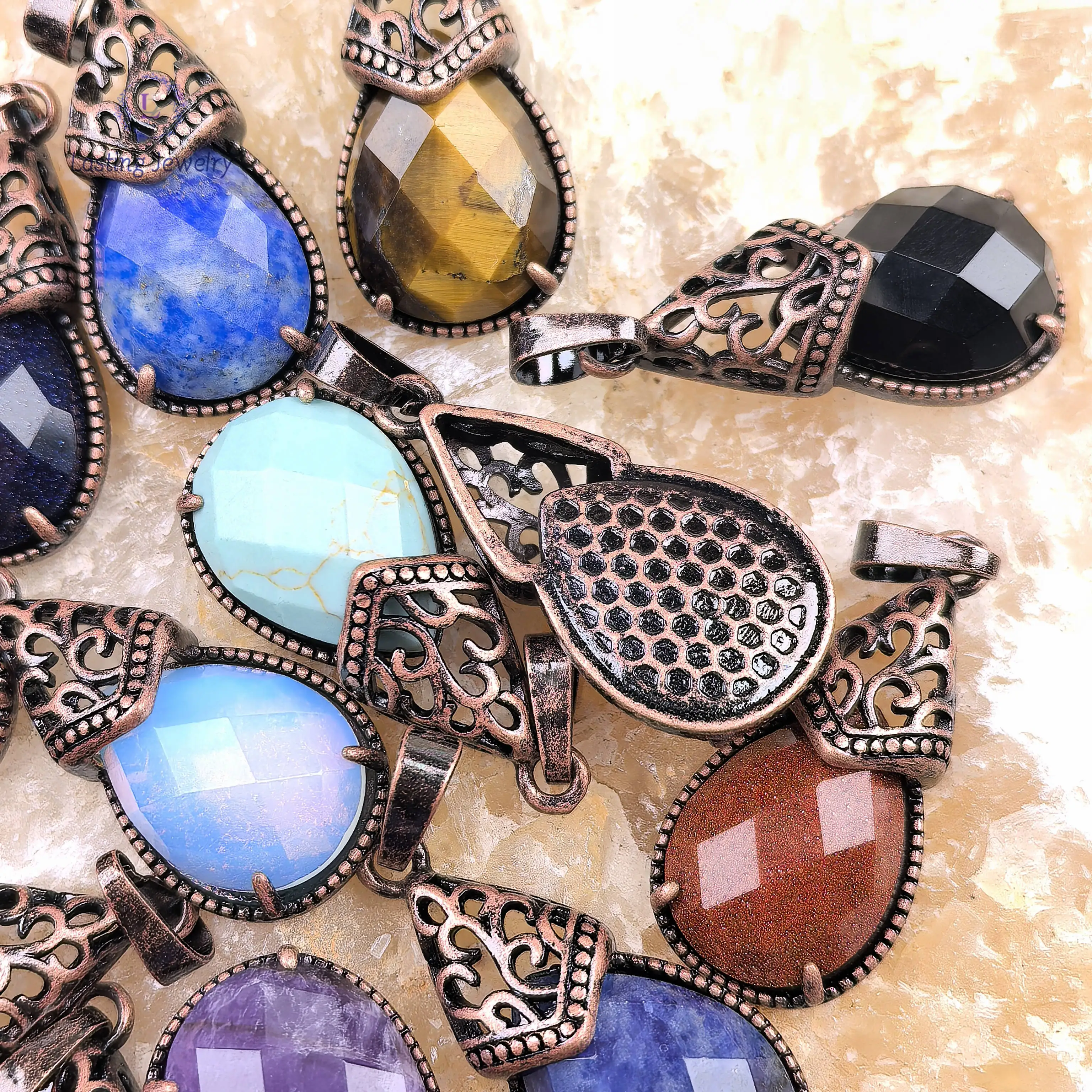 Hollow-out Antique Cooper Drop Crystal Pendants,Faceted Teardrop Gemstone Lapis Aventurine Opal Charms Necklace Jewelry Making