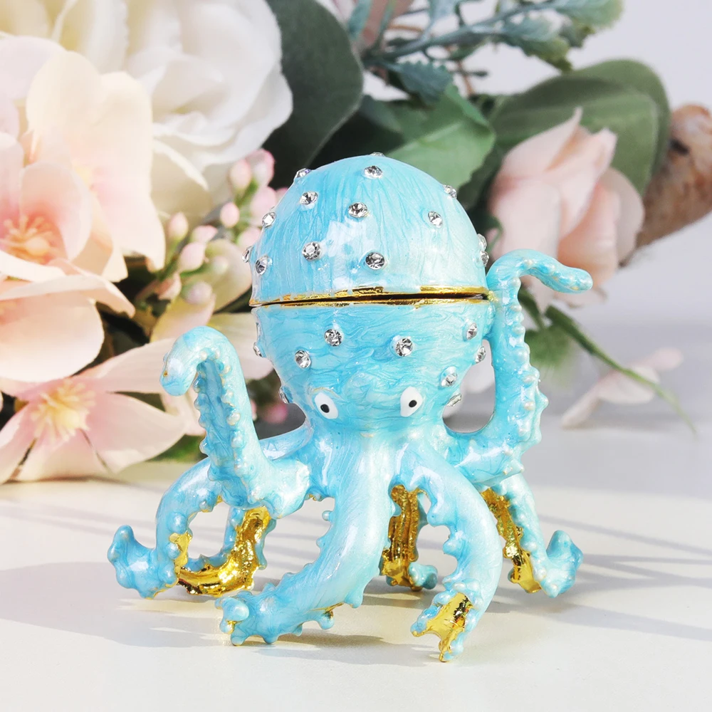 Blue Octopus Trinket Box Hinged Rhinestone Bejeweled Hand-Painted Ring Holder Colorful Enamel Ring Box Keepsake Collectible Gift