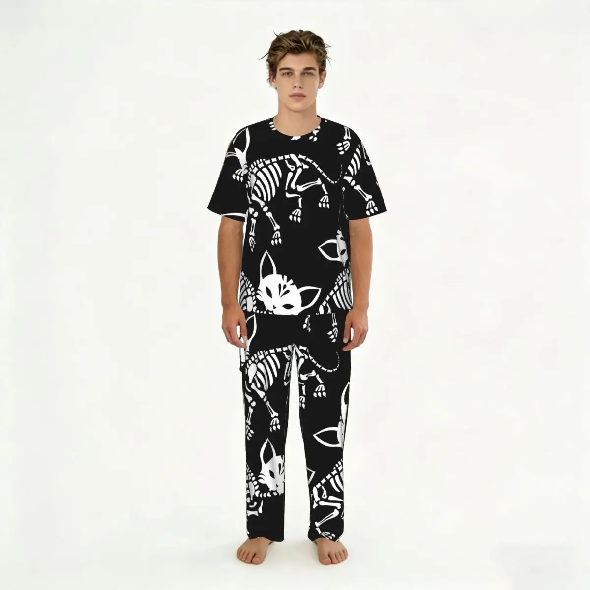 Men's short-sleeved pajamas two-piece trousers Cute Skeletons Cats Day Of The Dead home wear suit sleepwear