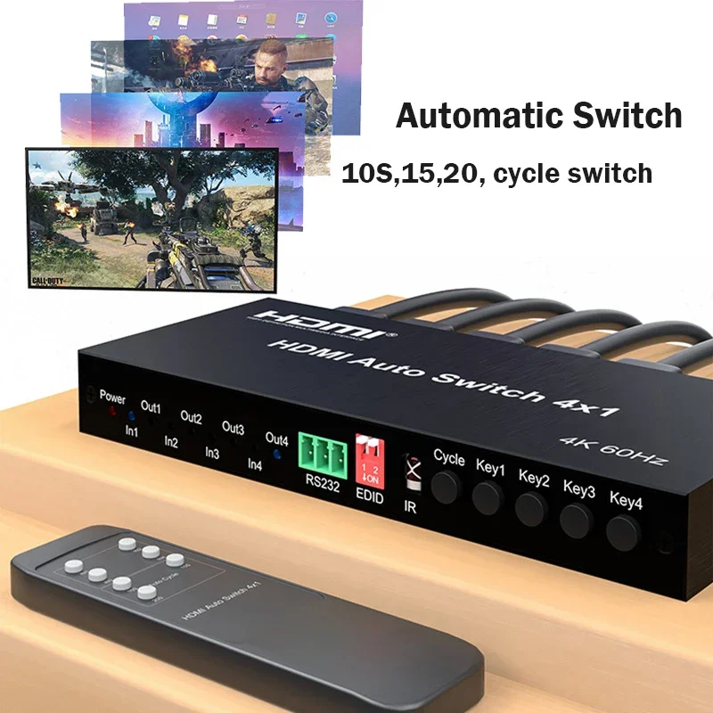 4-port HDMI التبديل التلقائي 4 في 1 خارج مع 10/18/20 ثانية دورة التبديل 1080P محول سلس محدد 4x1 لمشغل التلفزيون الكمبيوتر
