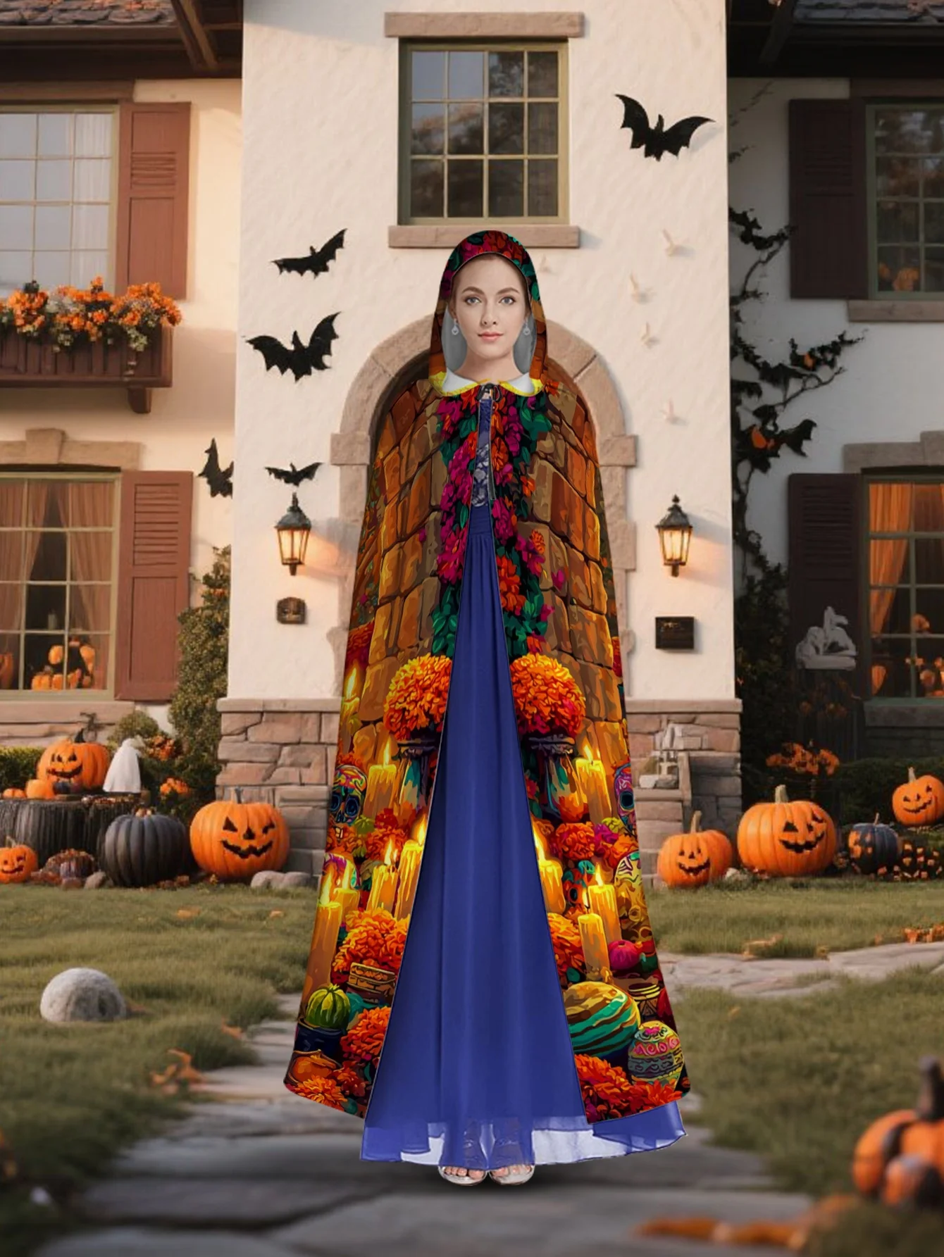 Customization 1pc Medieval Hooded Cape With Skull & Candle Day Of The Dead Costume - Full-Length Hooded Cloak For Renaissance Fa