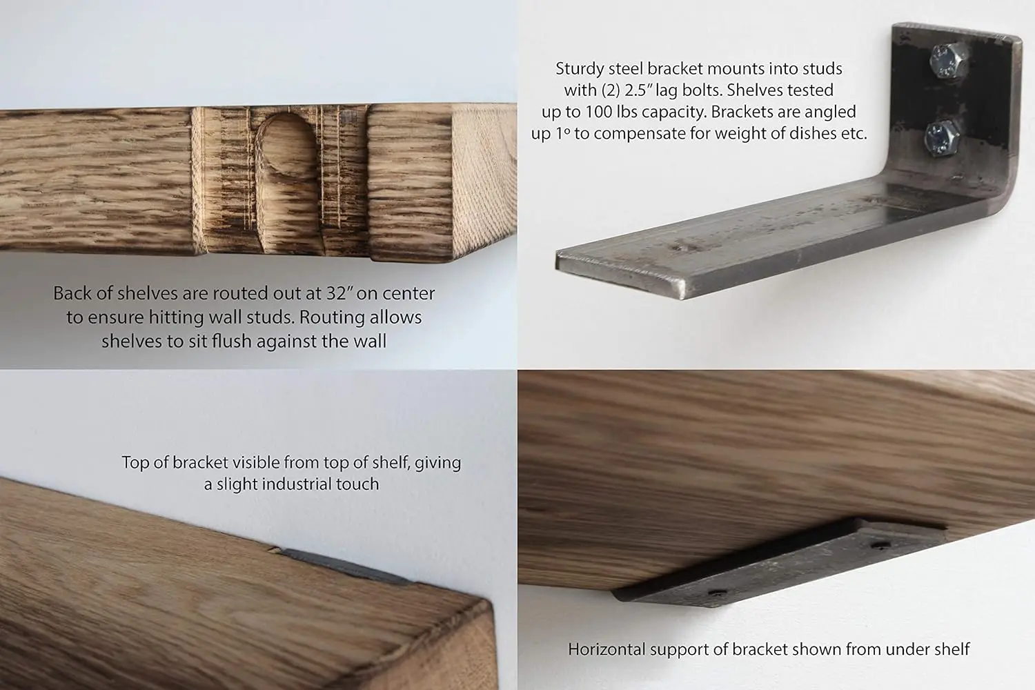 Deep Floating Shelves | Torched White Oak Hardwood Shelves (Torched Oak, Low Profile 48