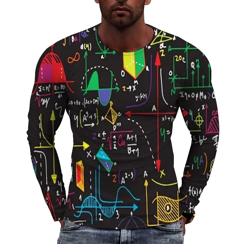 Fashionable and Fun Mathematical Formula Pattern Men's Long sleeved T-shirt Summer Casual Round Neck Casual Harajuku Long Sleeve