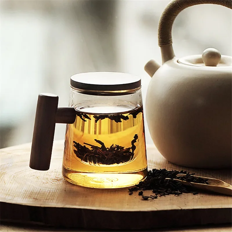 Heat-Resistant Creative Borosilicate Glass Tea Mugs Transparent Tea Cup With Filter Wooden Lid Cover Beech Handle For Water Milk