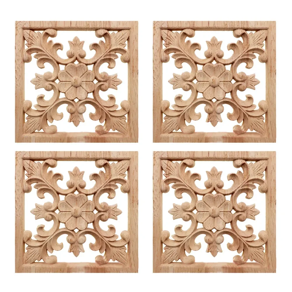 4pcs Solid Wood Decorative Rubber Wood Carved Onlay Applique Flower Decal Unpainted Applique Furniture Corners Home Door Decor