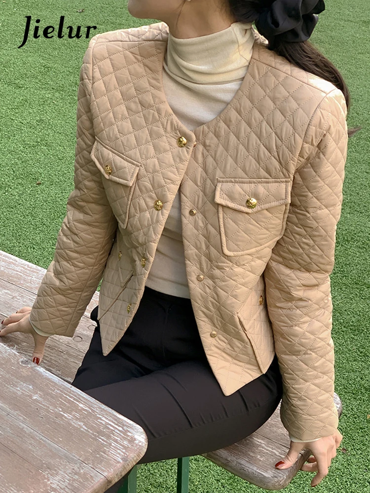 Jielur Khaki Slim Single Breasted Casual Jackets Solid Color O-neck Simple Elegant Fashion Female Coats Winter Chic Women Jacket