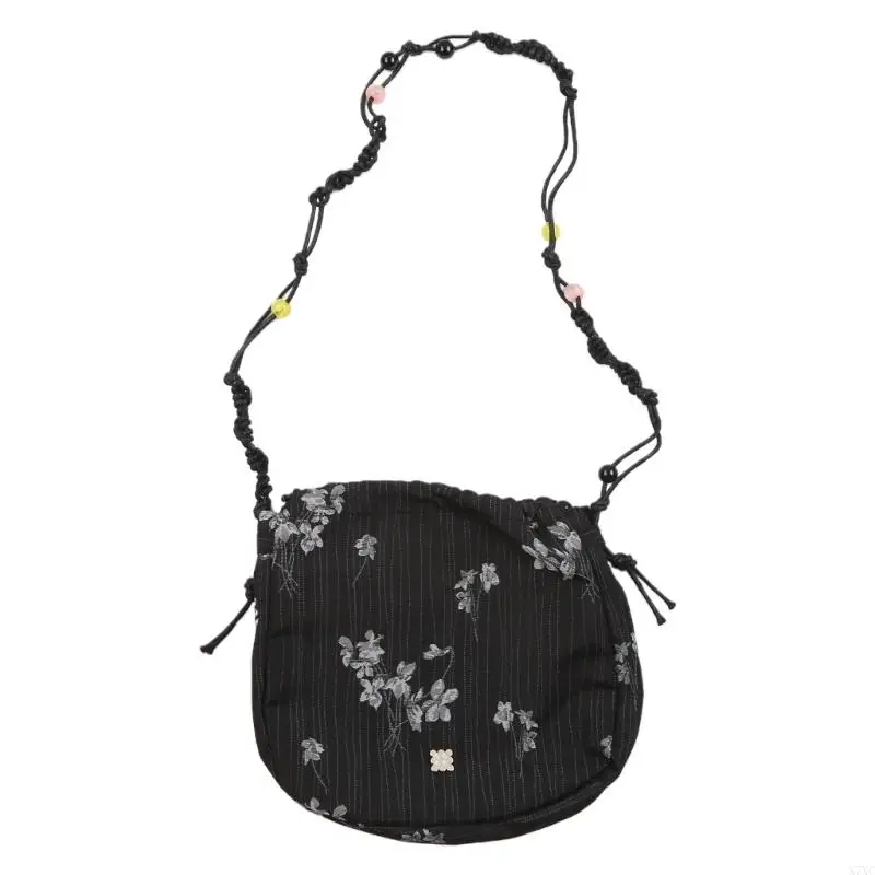 

X7XC Women Drawstring Shoulder Bag Flower Messengers Bag Small Wovens Beaded Crossbody Bag Old Handbag and Change Purse