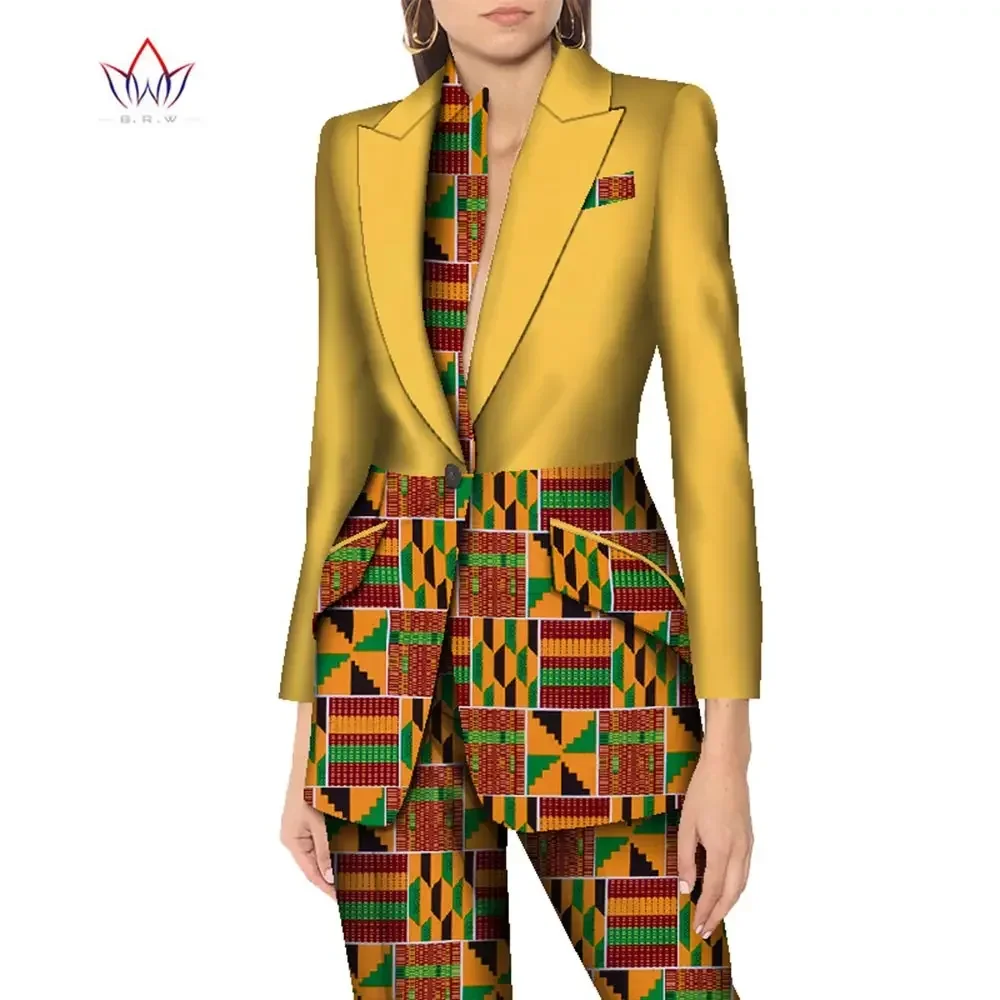 BRW African Print 2 Piece Outfits for Women Contrast Stitching Jacket Blazer and Pants Bazin Riche Office African Clothe WY8561