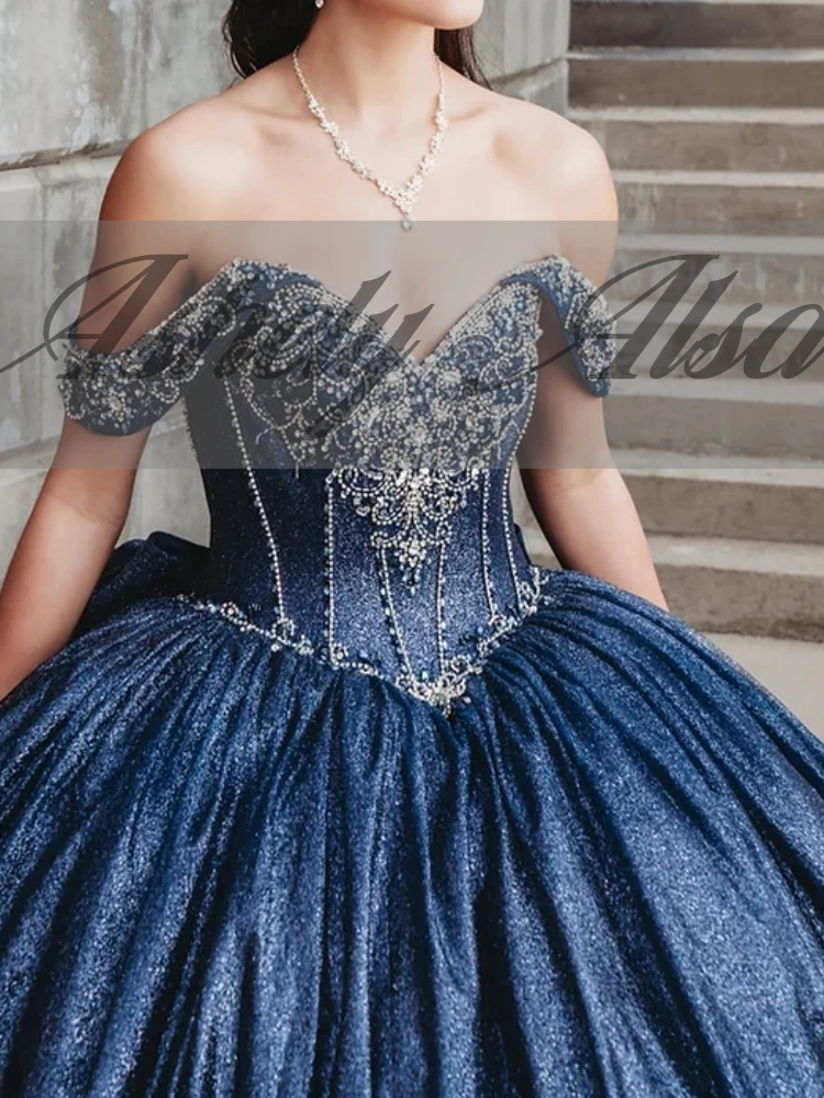 AQ 259 Customized Navy Blue Women Prom Dresses Special Occasion Wear Beading Bow Puffy Skirt Party Dress Sweet 15 16 Quinceanera