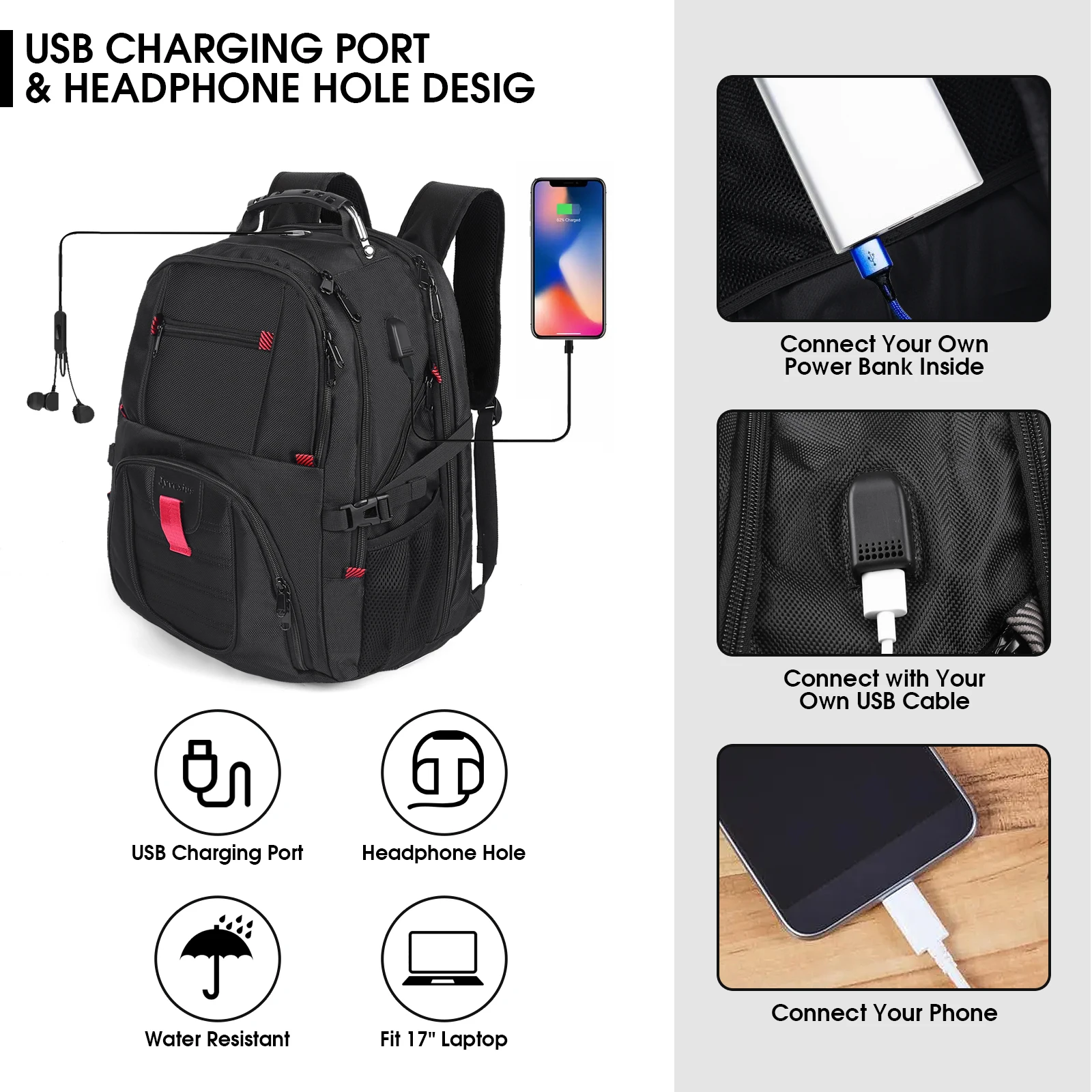 Mochila de ocio para hombre, resistente al agua, alta capacidad, interfaz de carga USB, para portátil de 17 pulgadas, adecuada para el trabajo o los viajes