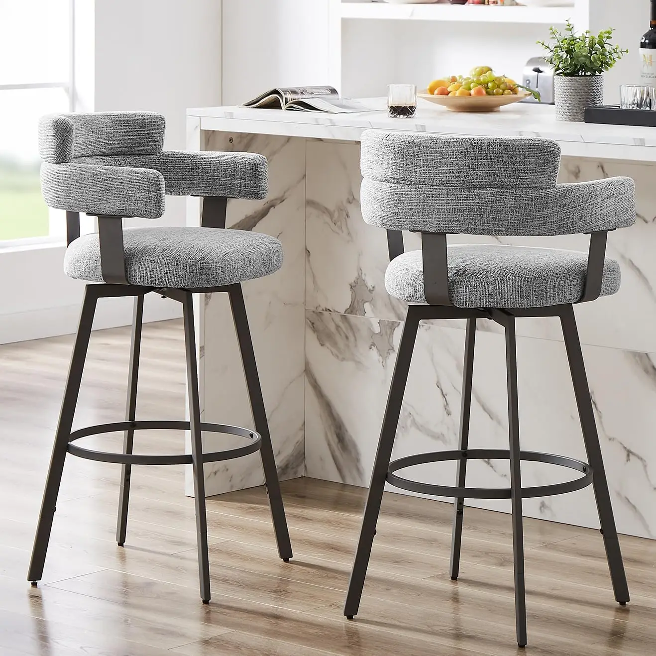 

30 Inch Bar Stools Set of 2 with Full Back, Swivel Bar Chairs with Linen Padded Back, Metal Footrest, Modern Bar Height Stools