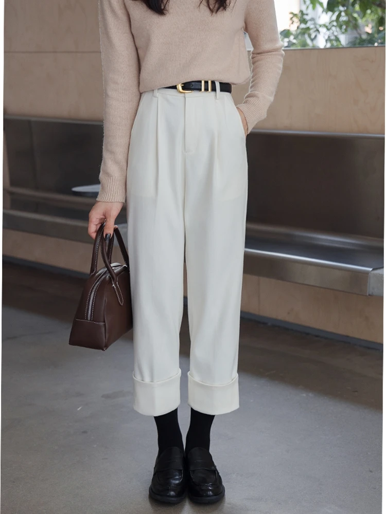 

High Waist Straight Leg Woolen Suit Pants Women's White Turn-Up Pants Commute Sle Korean Version Simple Design Cotton Blend