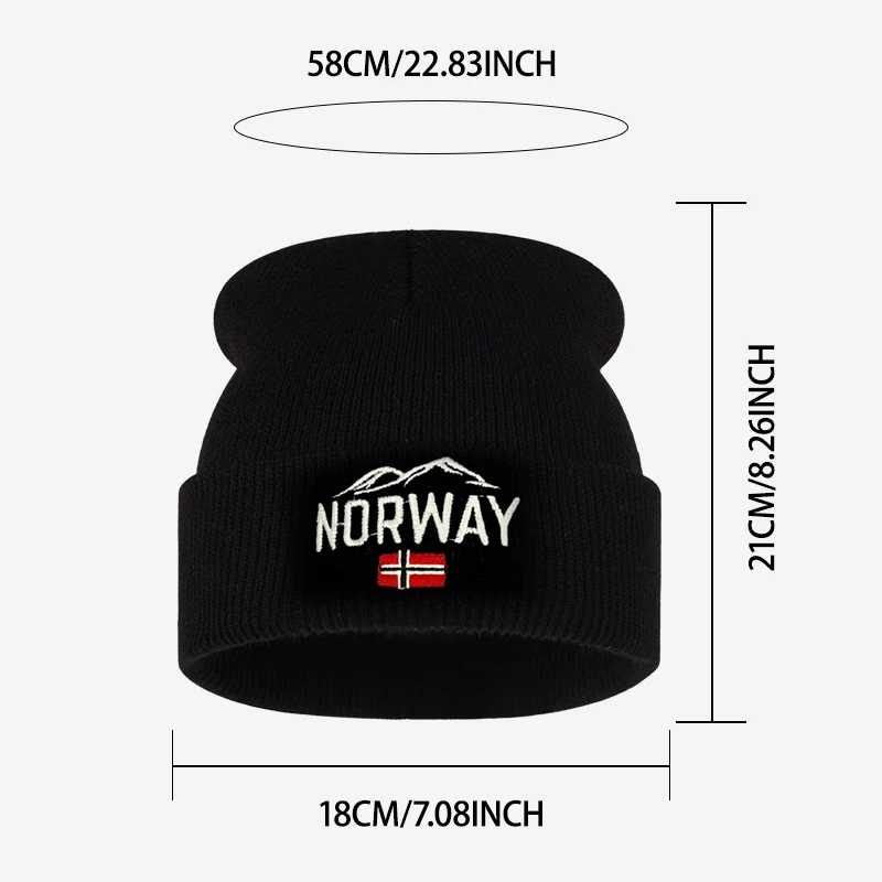 Norway Mountain Flag Embroidery Knit Beanie Adult Soft Stretchy Thermal Winter Hat Travel Outdoor Christmas Holiday Party Gift