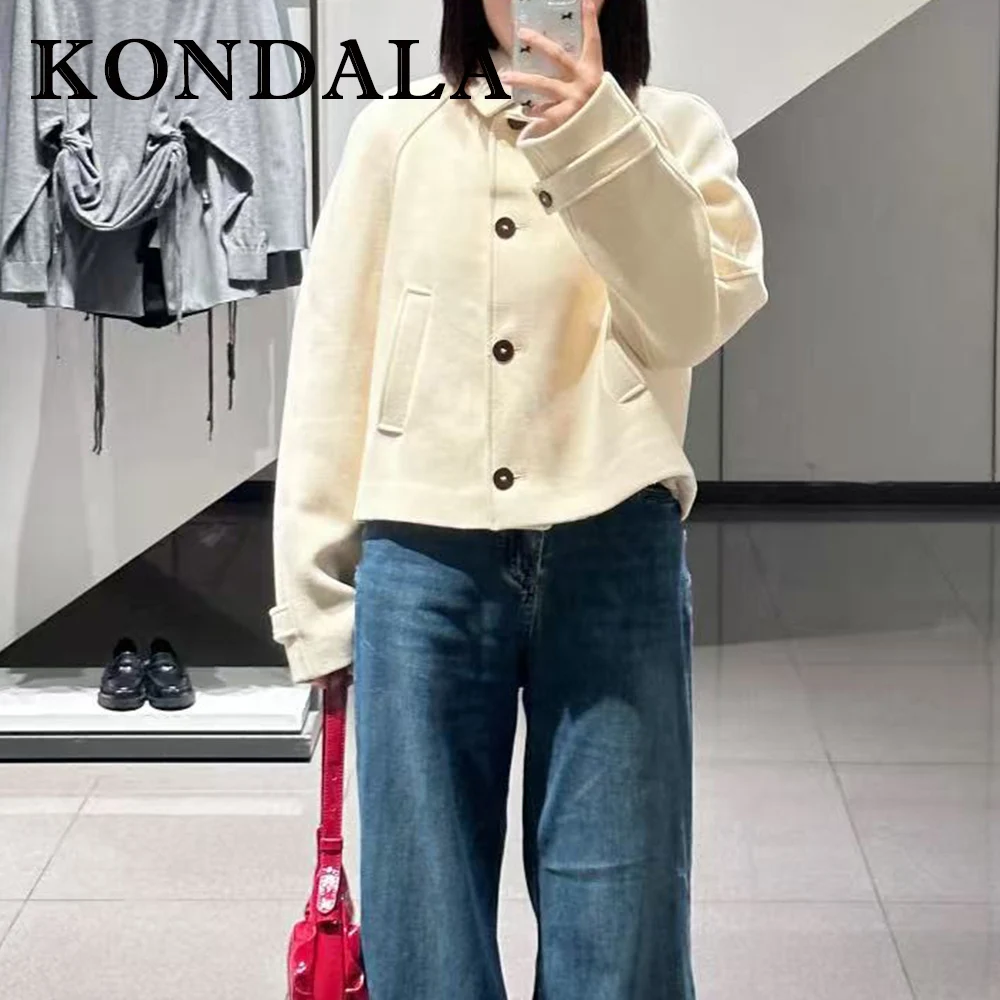 KONDALA Chic Beige Casual Woman Fashion 2025 Short Coats Single Breasted Outwear Vintage Autumn Pockets Streetwear Female Jacket