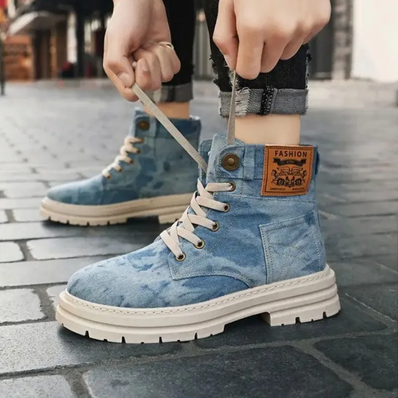 Botas altas masculinas moda lavada denim dedo do pé redondo botas de plataforma para homens vintage britânico botas curtas casuais botas hombre
