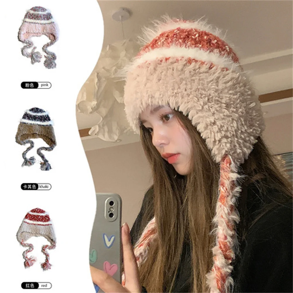 New Striped Winter Hat Women Knitted Hat With Pigtail  Warm Soft Trendy Hat Kpop Style Wool Beanie Elegant All-match Hat