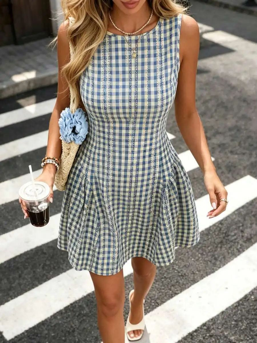 

Elegant Gingham Sleeveless Waist-Cinch Dress For Women Summer Casual