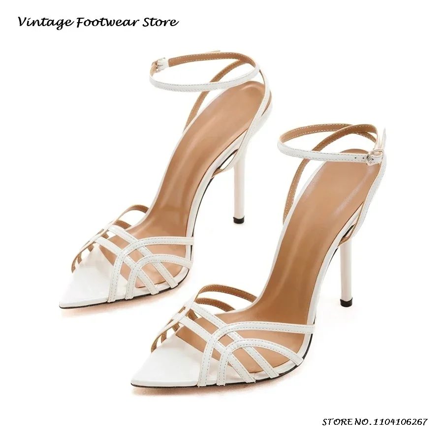 

12cm Elegant Leather High Stiletto Heels Pointed Open Toe Thin Heel Party Shoes Women's Summer Fashion Buckle Strap Sandals