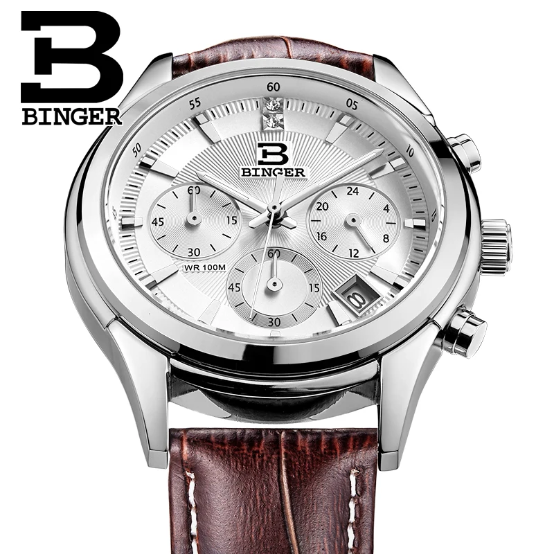 Switzerland Binger For Mens Watch Japan Miyota Quartz Wristwatch Coated Glass Rhinstone Date New часы мужские наручные кварцевые