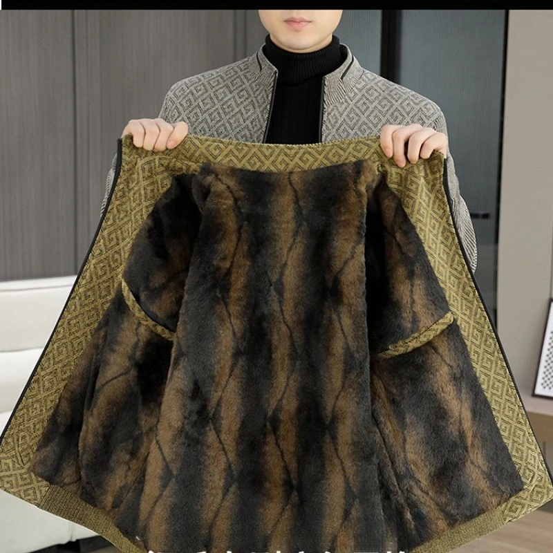 Luxury Autumn Winter Woolen Jacket for Men Fashion Casual Stand Up Collar Plush Thick Coat Zipper Social Windproof Overcoat 2025