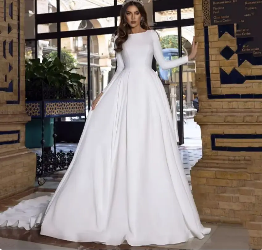 فستان عروس أنيق فيستدو دي نويفا فساتين زفاف إسلامية من الساتان فساتين زفاف الأميرة كم طويل قفطان بدون ظهر