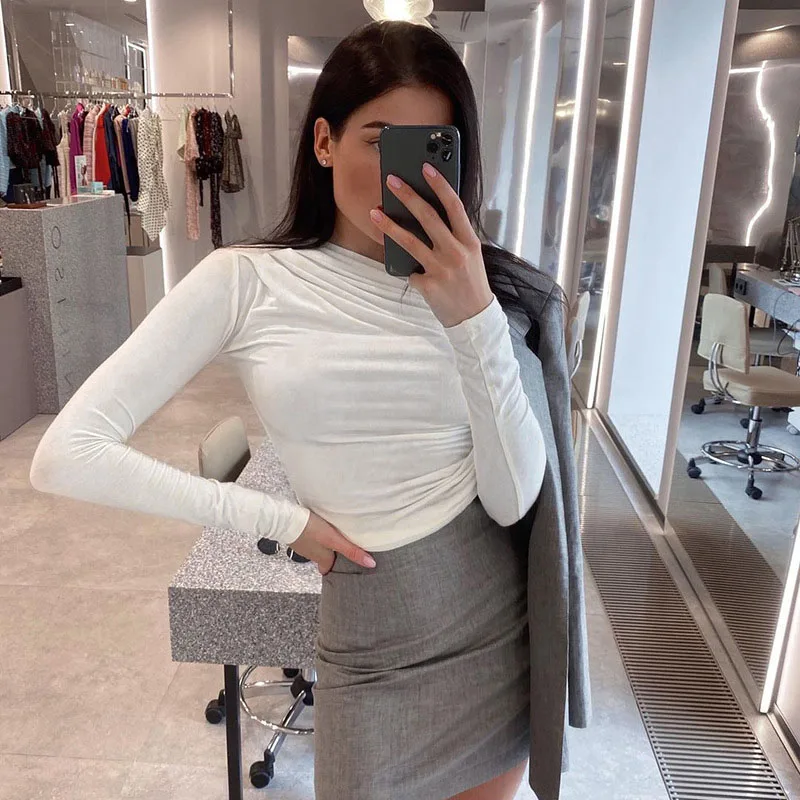 Langarm Top Weiße T-Shirts Frauen Basic Crop Top Herbst Pullover Solide Skew Neck T Shirt Streetwear Basic Schwarz Y2K Tees