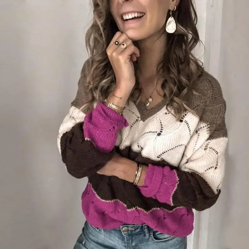 2025 Autumn/Winter New Women's Color blocked Design Warm Round Neck Long Sleeve Sweater Knitted Sweater Versatile Hoodie