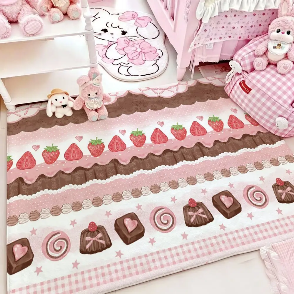 Japanese Old School Strawberry Cake Imitation Cashmere Rug, Soft Plush Bedside Floor Mat, Entryway Decor Carpet for Bedroom Room
