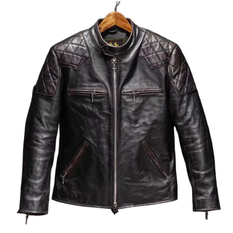 Men's Black Cowhide Leather Quilted Racer Jacket Vintage Motorcycle Biker Coat Stand Collar Multi-Zip Pockets Leather Outwear
