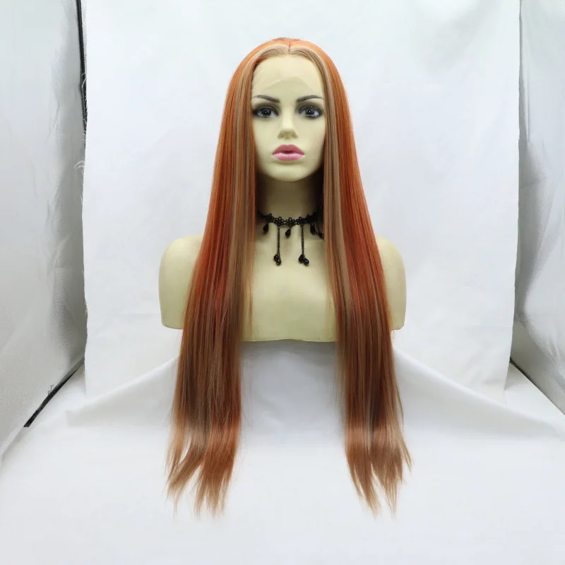 

Highlighted golden wig for women, hand-tied front lace, matte high-temperature fiber, long straight hair