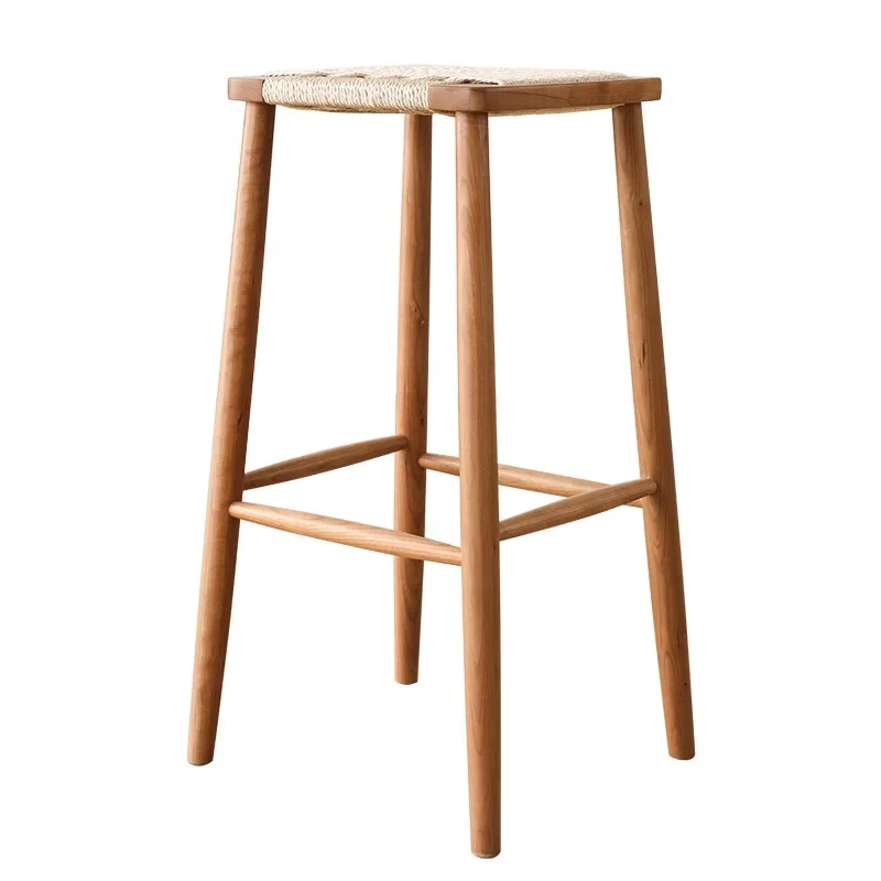 

Nordic solid wood bar chair household cherry wood Japanese simple rattan bar stool island chair high stool bar stool