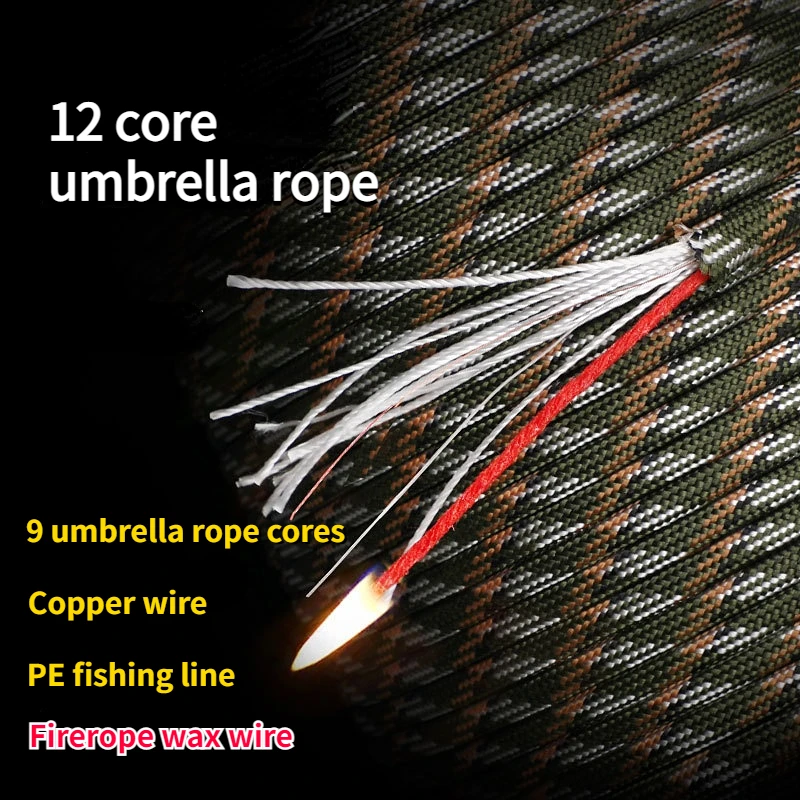 50/100m 12 Strand 650 Military 4mm Paracord Camping Survival 9x Parachute Cores 1x Fishing Line 1x Copper Wire 1x Fire Wire