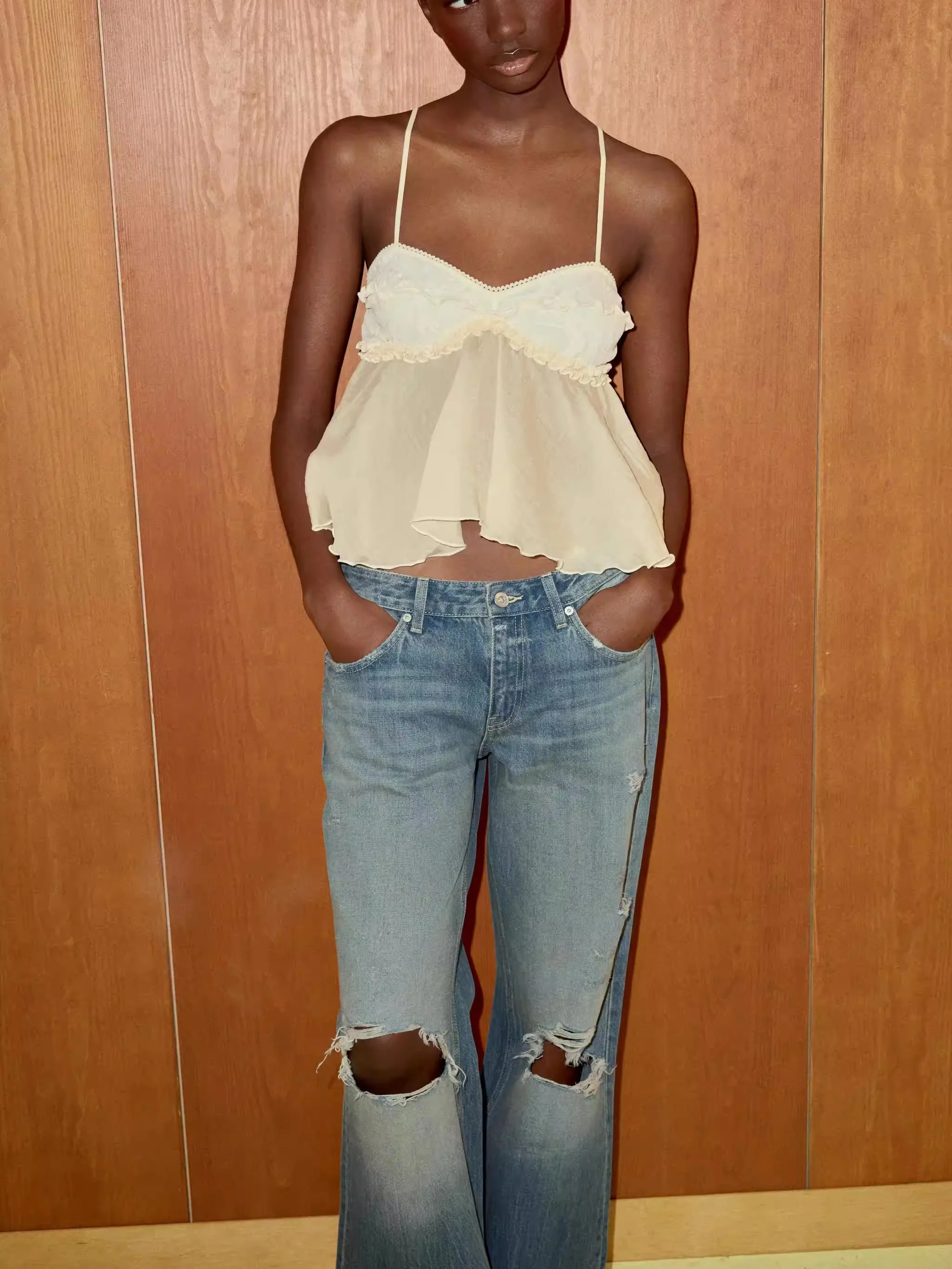 

New Summer Women's Lace Asymmetrical Splicing V-neck Strap Top Trendy Girl Ethnic Style Stage Performance Clothing