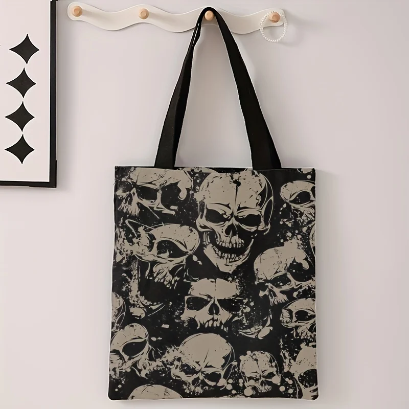 Skull Print Tote Bag - Reusable Durable Polyester Handbag, Shopping Bag with Black & White Contrast Design for Everyday Use