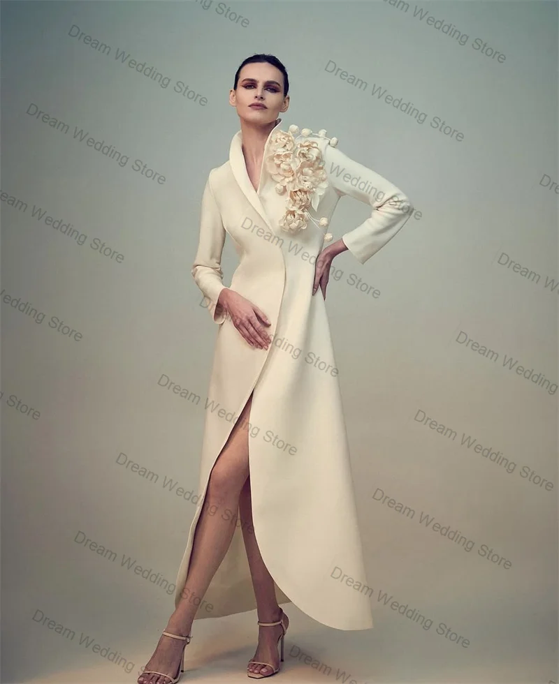 

Beige Women Suit 1 Pcs Long Blazer Prom Dress 3D Flower Elegant Formal Office Lady Jacket Customized Summer Cotton Wedding Coat
