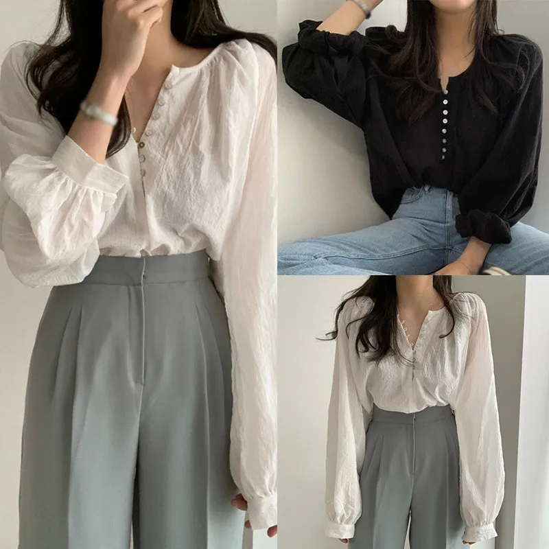 Chic Long Sleeve Thin Cotton Soft Shirt Lady Summer Sweet Puff Sleeve V-Neck Button Air Condition Commuting Simple Loose Shirt