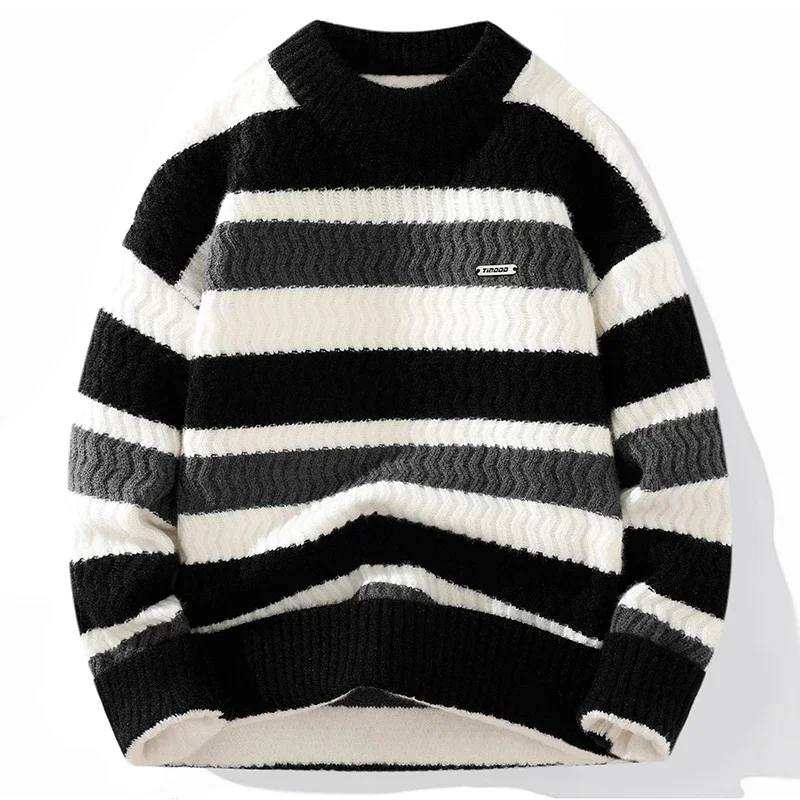 

Winter Men's Outdoor Striped Trendy Comfortable Thick Knit Round Neck Distressed Sweaters Comfortable Fashionable Warm Sweater
