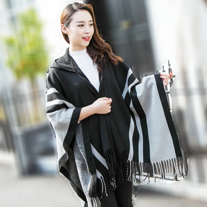 

New Poncho Striped Travel Scarf Air Conditioned Room Thickened Warm Hooded Split Hooded Coat Photography Cape Women Cloak