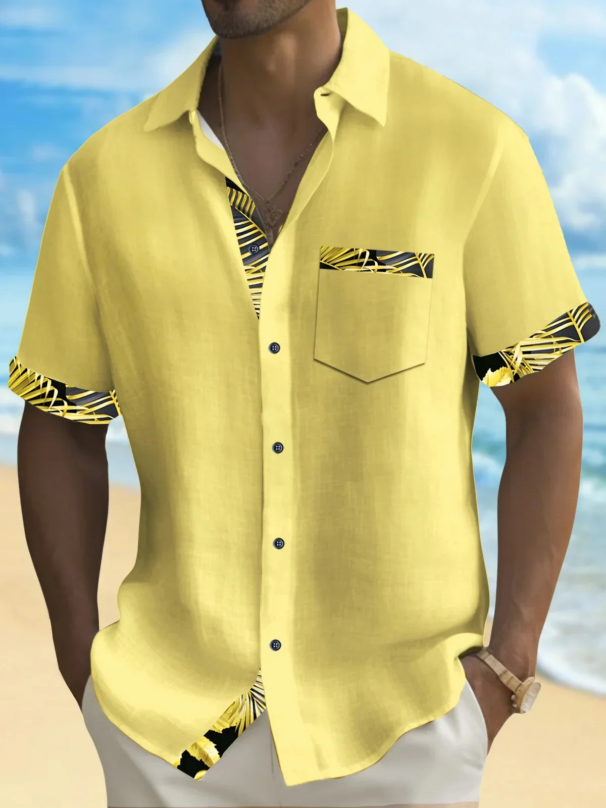 Chemise Hawaïenne à Manches Courtes pour Homme, Couleur Unie, Patchwork, Poche, Loisirs d\'Été, Vacances, Tissu Confortable